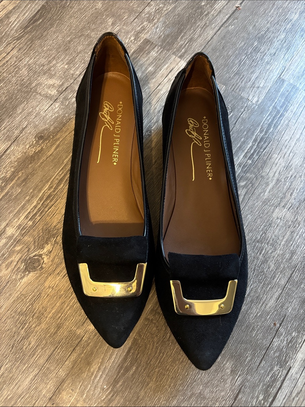Donald J. Pliner Black Suede Pointed Flats with Gold Buckle